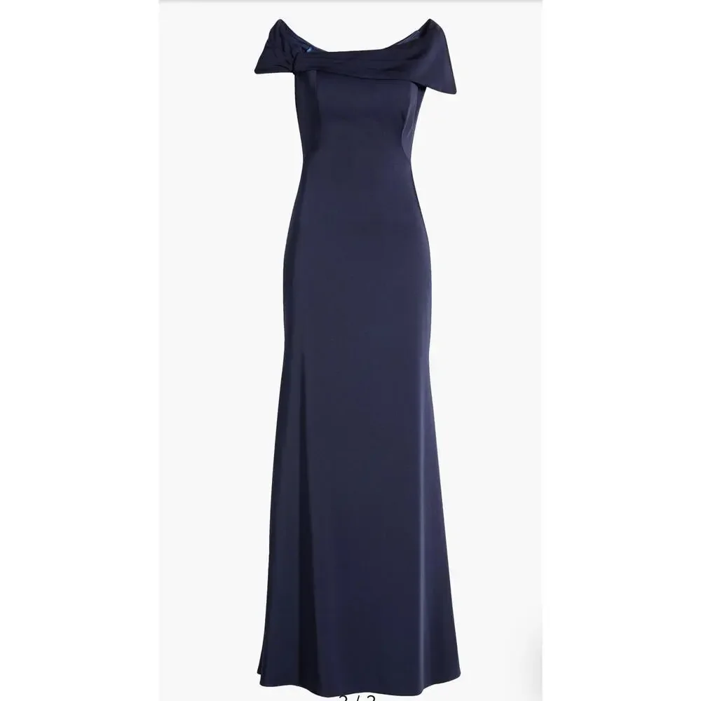 La Femme Navy Off Shoulder Gown 10 Elegant Formal Evening Wedding Guest Dress - Picture 12 of 13